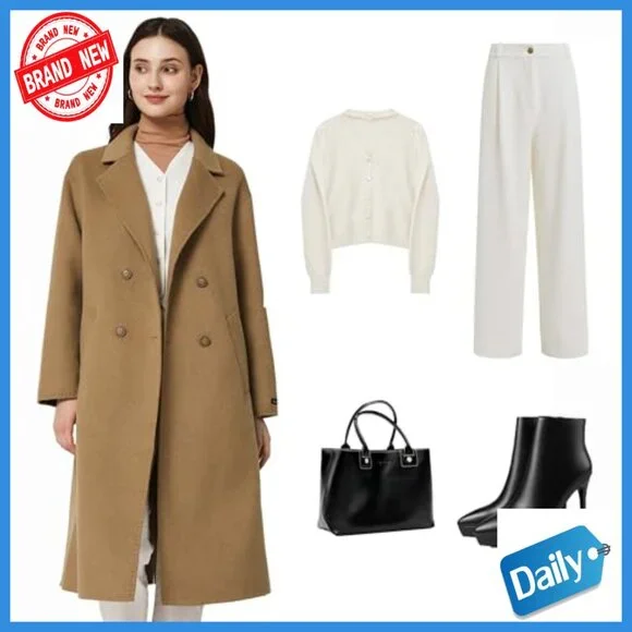 Long Wool Pea Coat Double Breasted Trench Jacket Winter Overcoat Lightweight - Picture 7 of 7